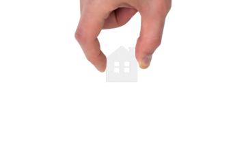 Digital png illustration of hand holding white house shape on transparent background