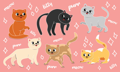 Set of funny cartoon cats. Cute kittens. Vector illustration.