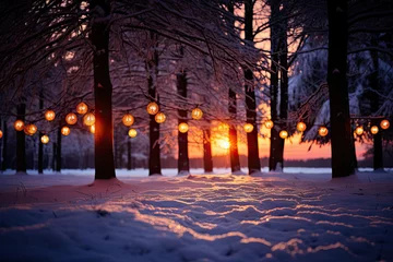 Foto op Plexiglas lanterns hanging from trees in the middle of a snow - covered park at sunset, new york, new york © Golib Tolibov