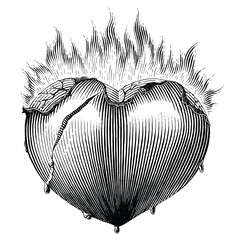 Heart with fire vintage illustration black and white clip art - 669351404