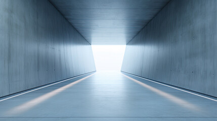 a long hallway with concrete walls in the background