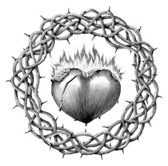 Sacred heart surrounded by a crown of thorns hand draw vintage engraving style - 669351421