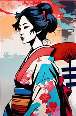 kimono female side view in graffiti background with Generative AI.