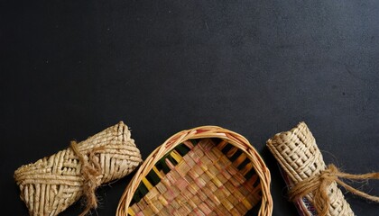 Handicraft handmade from natural product, wicker basket, woven bamboo plate and basket, weave rattan sheet. Eco friendy and sustainable concept. AI Generated.