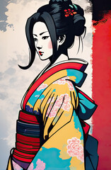 kimono female side view in graffiti background with Generative AI.