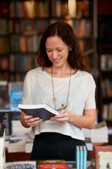 Woman, bookshop and reading with sale, shopping and thinking for decision, smile and learning with ideas. Girl, novel or literature in store, library and college with deal, discount for knowledge