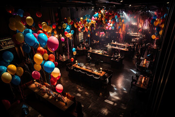 Obraz premium a party setting with balloons and lights on the ceiling, as seen from above by a large group of people