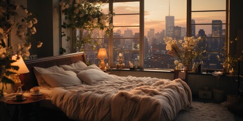 A bedroom that is designed to be both relaxing and peaceful, with a focus on using light and color to create a sense of calm and serenity. AI Generative