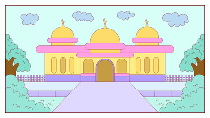 Kid Colorful Mosque Cartoon Illustration