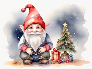 Obraz premium Santa Claus drawing cartoon style and christmas tree on white background, watercolor