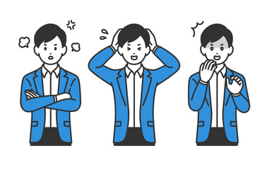 怒り･ショックのポーズをするビジネスパーソン男性のセット【人物ベクターイラスト素材】