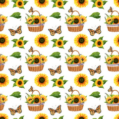 seamless pattern with watercolor sunflowers