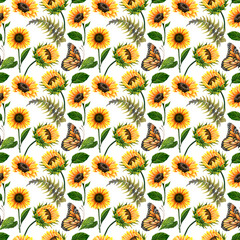 seamless pattern with watercolor sunflowers
