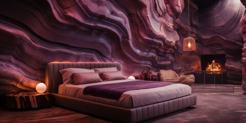 A bold and eye-catching bedroom, with an agate texture, and a back lighting effect. AI Generative