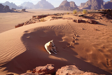 White stray dog with brown eyes at the Wadi Rum desert