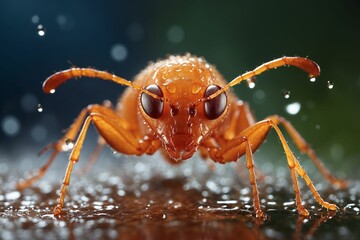 a close up of a insect with water droplets on its face