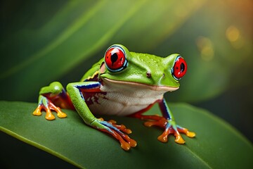 An AI illustration of a green frog with red eyes sitting on top of a leaf