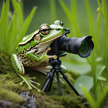 frog sitting on the stone in nature landscape near lake .with camera