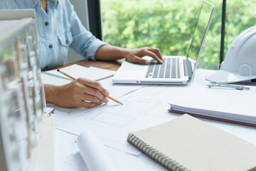 Architecture drawing on architectural Creative project business architecture building construction Industrial engineering Achievement Planning Design on blueprint eco Concept