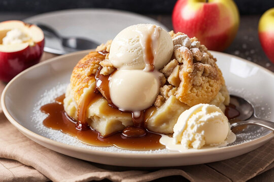 Baked apple dumpling in apple cinnamon syrup on dessert plate topped with scoop of vanilla ice cream, Generative AI