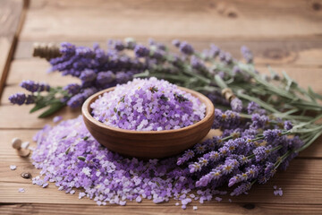 Bath salts herbal body care product with fresh lavender on rustic wooden background, Generative AI