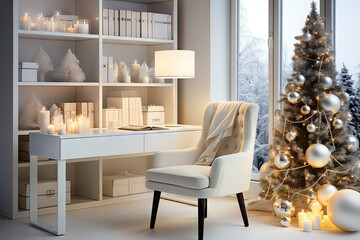 a christmas tree in the corner of a room with a desk, chair and bookshels on it's shelves