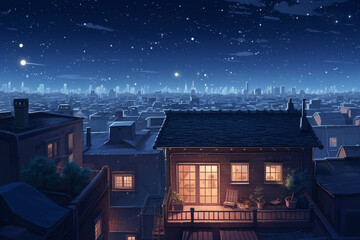 Night cityscape with houses and snowflakes in the sky illustration