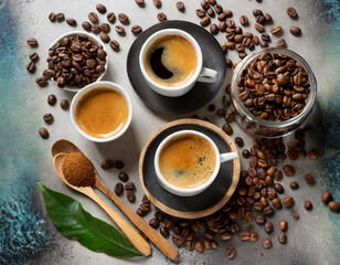 Obraz na płótnie Canvas flat lay Espresso served in cups with coffee beans