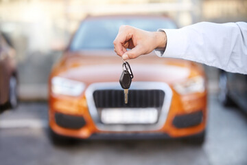 Car, outdoor and businessman with key in hand for sale of auto, transportation and investment....