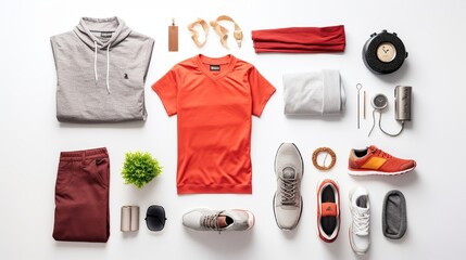 Sports gear and clothing in a flat lay composition on a white background. Sport, fitness, and the idea of a healthy lifestyle. upper view