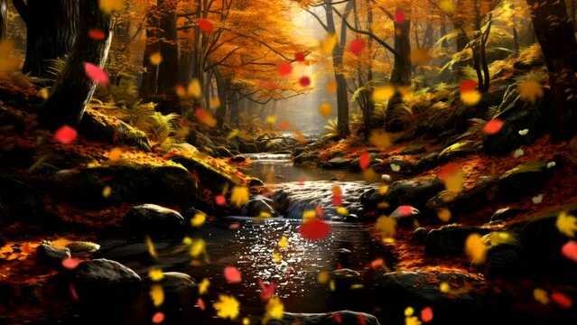 ATUMN in forest with orange leaves falls of  tree video background for live wallpaper looping 