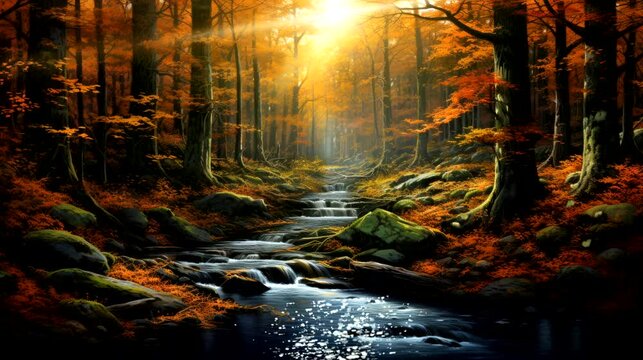 Autumn video background landscape in forest, a stream running through a forest filled. Seamless looping video background animation for live wallpaper