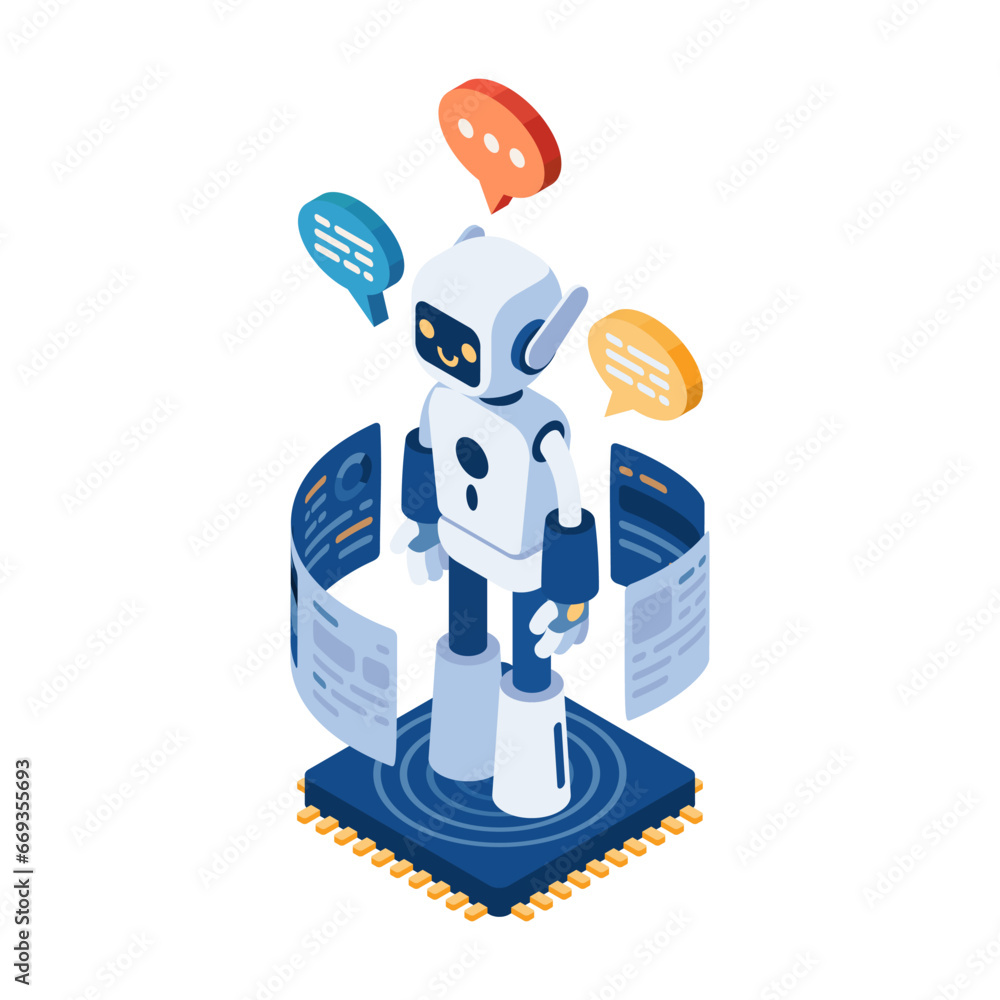 Poster isometric ai chatbot or robot on computer chip