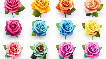 Isolated rose buds on a white backdrop. Three-dimensional multicoloured chameleon roses. assortment of ornamental design elements in vector format.