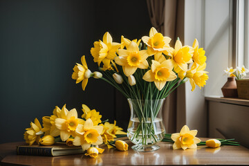 Bouquet of yellow daffodils in a glass vase on the table, Generative AI