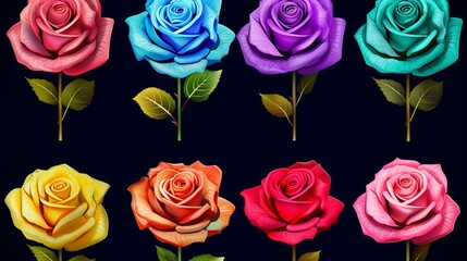 Flower Rose, buds set isolated on dark background. Roses 3d Multicolored Chameleon color. Collection of vector decorative design elements.