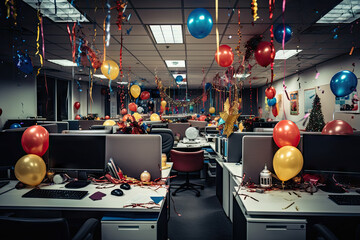 an office decorated with balloons, streamers and confectional decorations for birthdays or other occasions on desks
