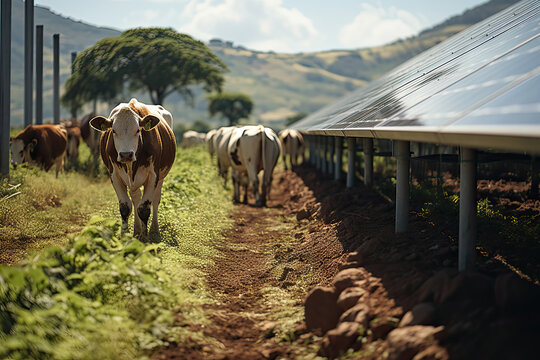 cows walking down a dirt road with solar panels on the roof and some trees in the photo is blurry