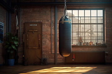 leather punching bag in an empty gym - Powered by Adobe