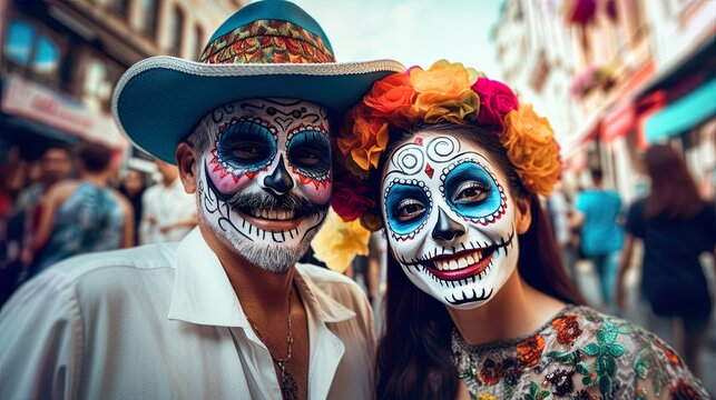 Dia de los muertos. Day of The Dead. Halloween. mexican girl with skull painted on her face on the day of the dead in mexico in the street