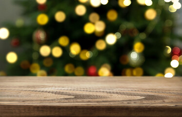empty wooden surface on christmas background