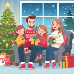 Fototapeta premium family with christmas gifts
