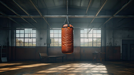 leather punching bag in an empty gym