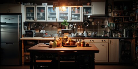 A warm and inviting kitchen, with an aluminum texture, and a black light effect. AI Generative