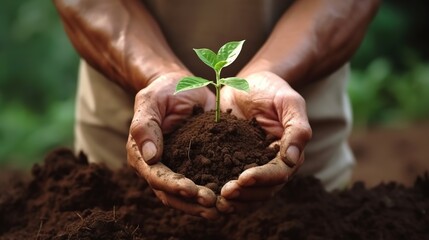 Plant in hands Environment famer hands holding soil outdoor Ecology concept