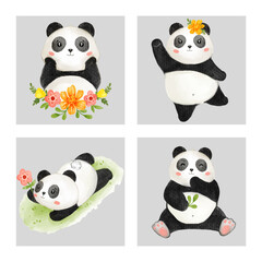 Watercolor cute Panda cartoon character design collection with different on with background. Vector illustration