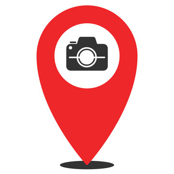 Vector illustration of Photography location. Simple icon in red color on White background.
