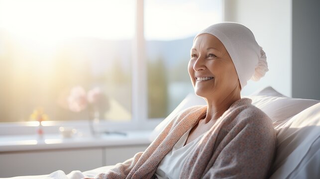 Portrait of the patient woman after chemotherapy female cancer patient wearing head scarf