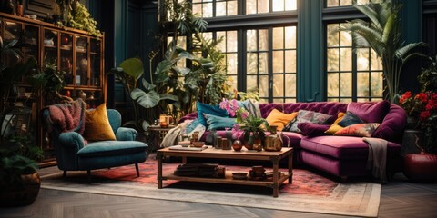 a bohemian-inspired living room with a mix of vintage and modern furniture, layered rugs, and lots of plants. AI Generative