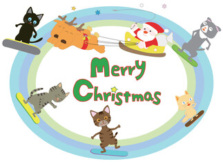 ウィンタースポーツで楽しんでいる猫たちと一緒にクリスマスを祝うサンタクロース。